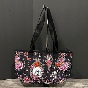 Ed Hardy Black and Pink Skull Floral Tote